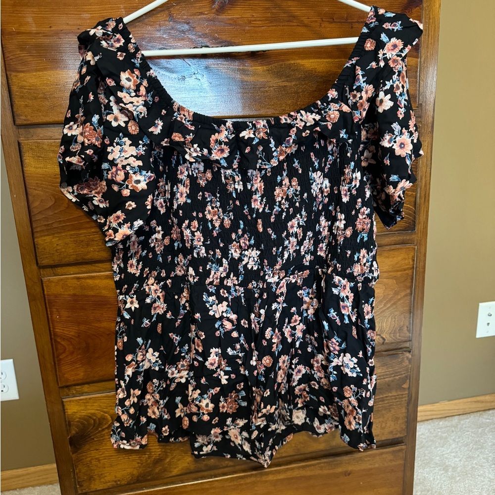 Plus Size Black Floral Smocked Off The Shoulder Top